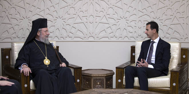 President al-Assad to Archbishop of Cyprus: Terrorist attack on Syria aims to spread extremist Takfiri mentality and practices